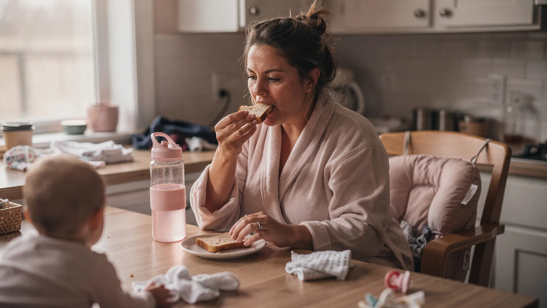 A woman eats toast at a kitchen counter with a nursing pillow and water bottle nearby.