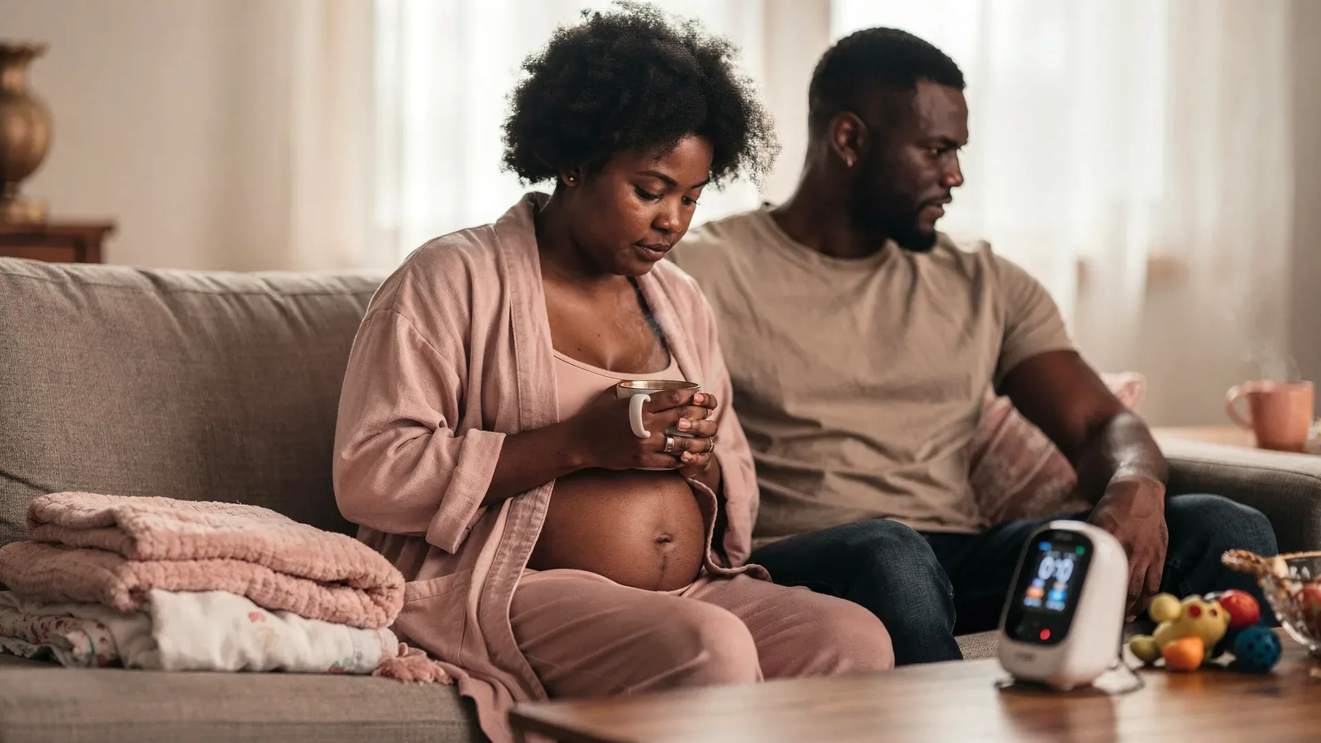 A Black postpartum woman with short natural curls and soft postpartum midsection and her partner sit close but not touching on a couch after a long day.