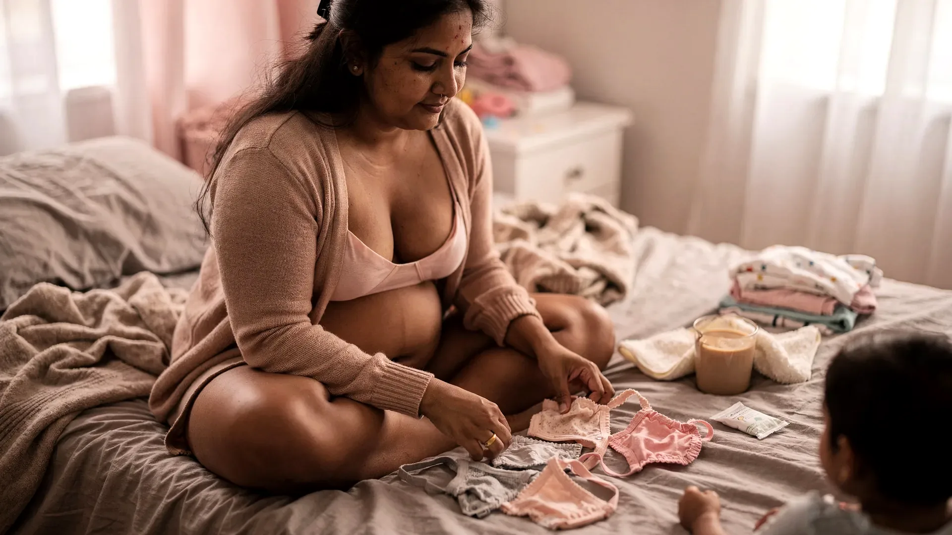 A South Asian postpartum woman with long dark hair loose and petite curvy body sorts soft bras on an unmade bed in warm window light.