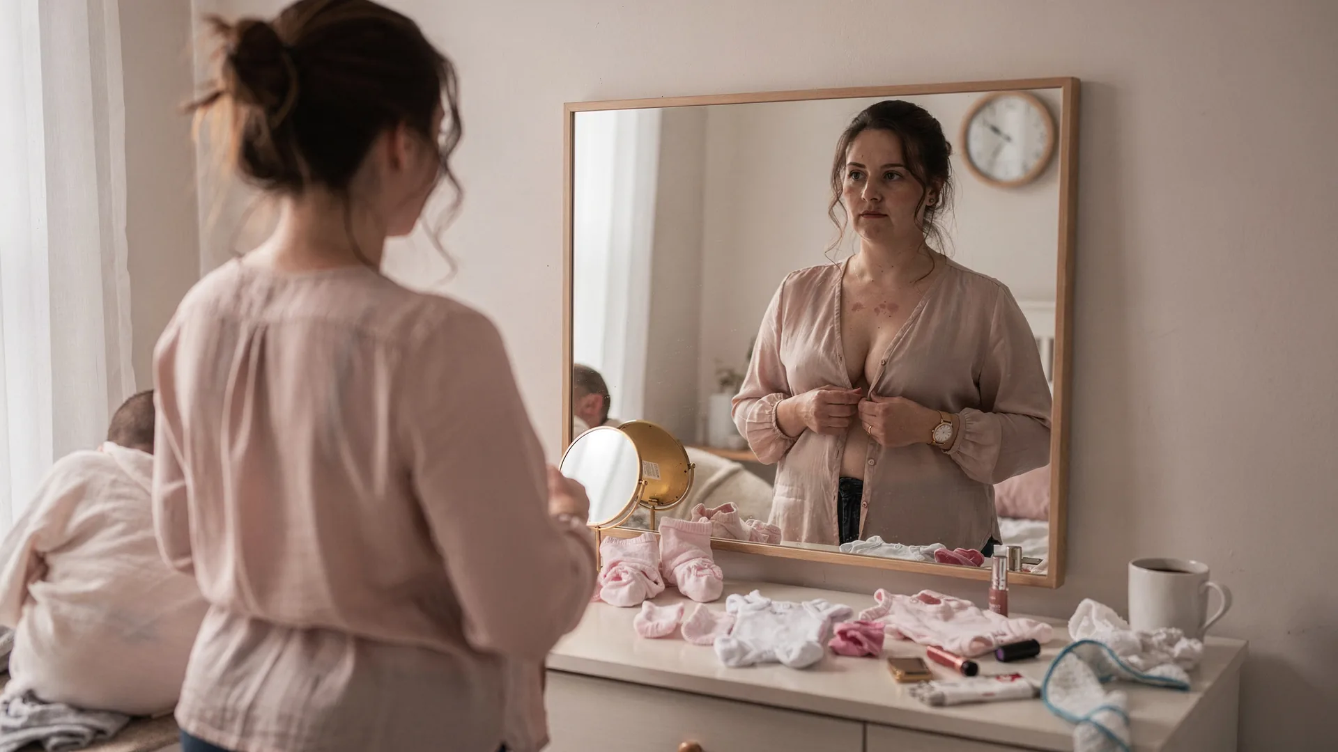 A woman buttons a blouse in a bedroom mirror beside baby laundry and lipstick.
