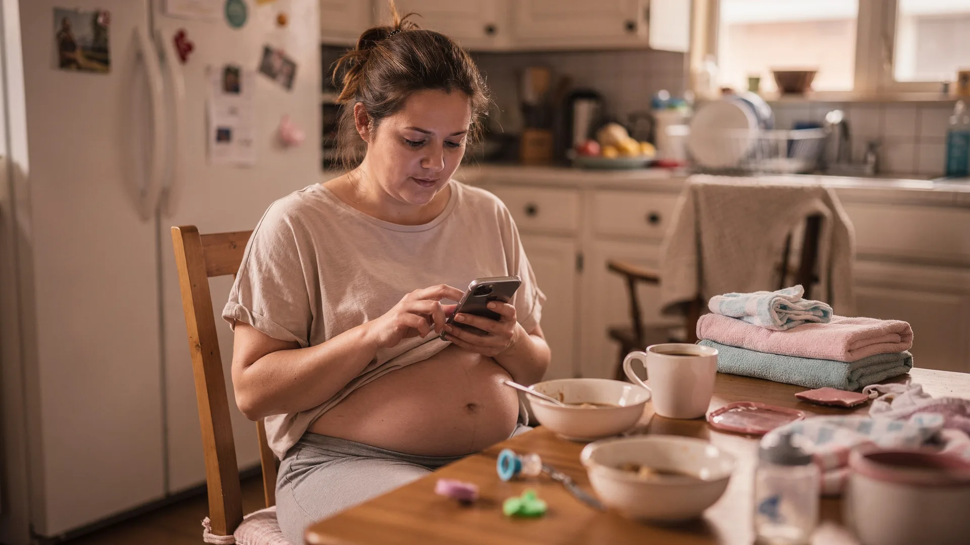 A woman sends a text from a messy kitchen table with towels and dishes around her.
