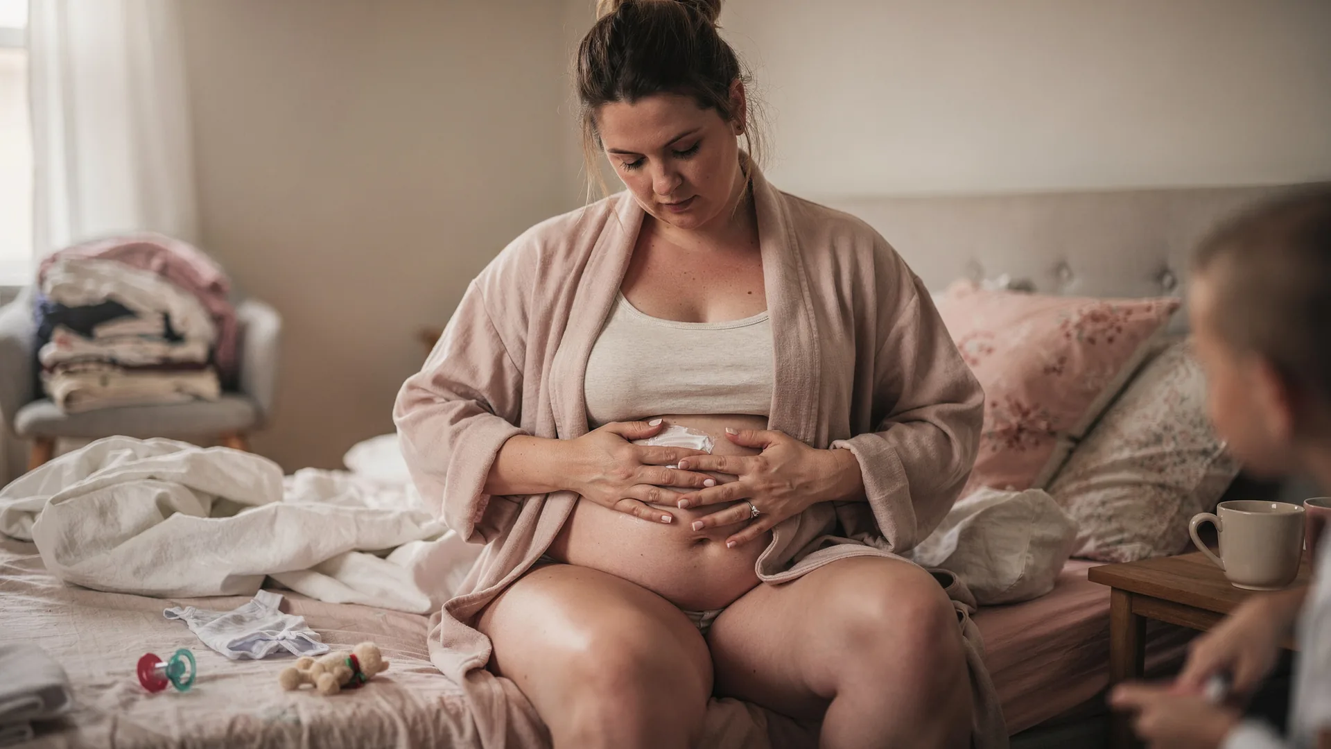 A woman sits on an unmade bed and gently applies lotion to her postpartum belly.