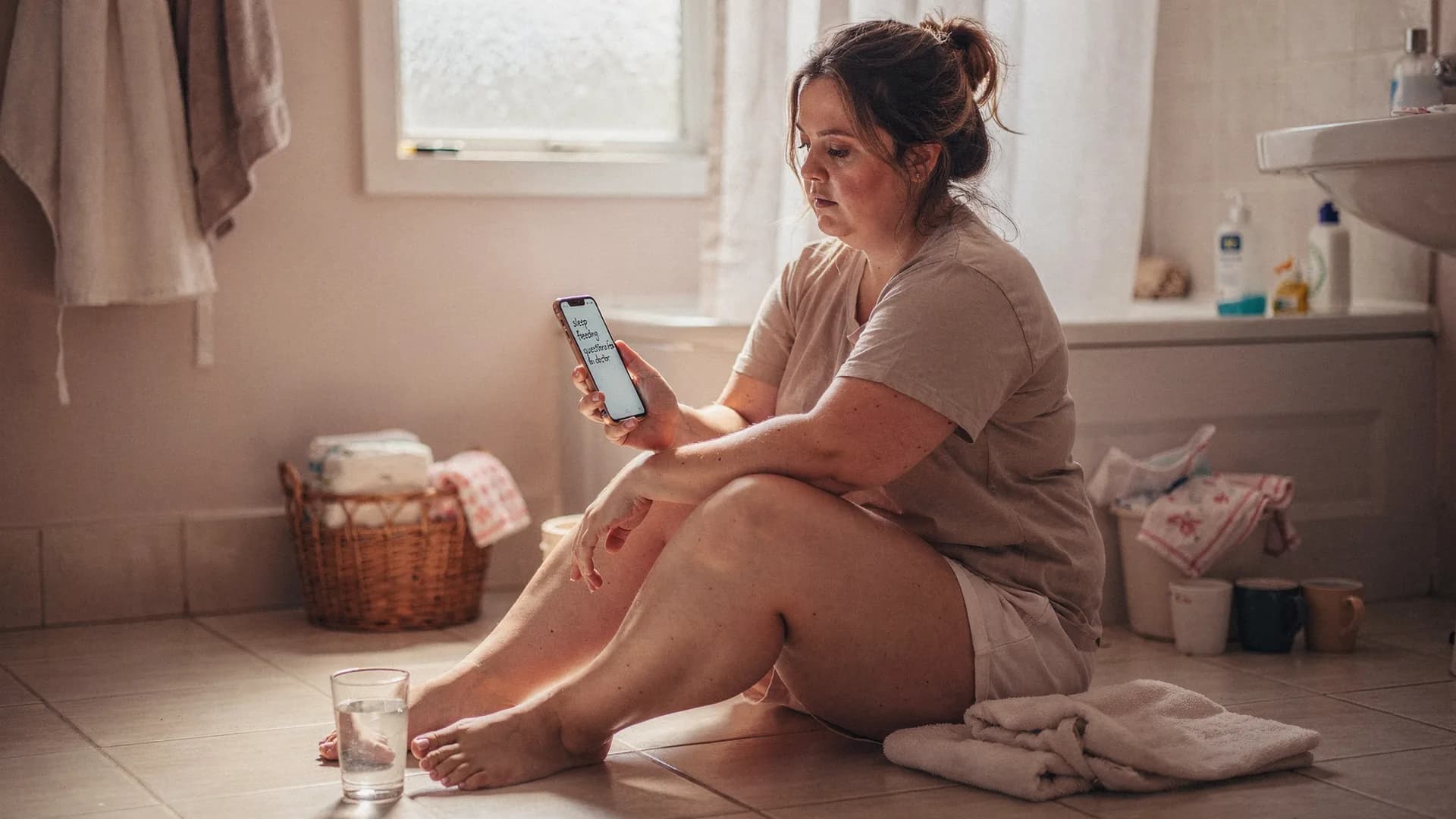 A woman sits on a bathroom floor taking symptom notes on her phone.