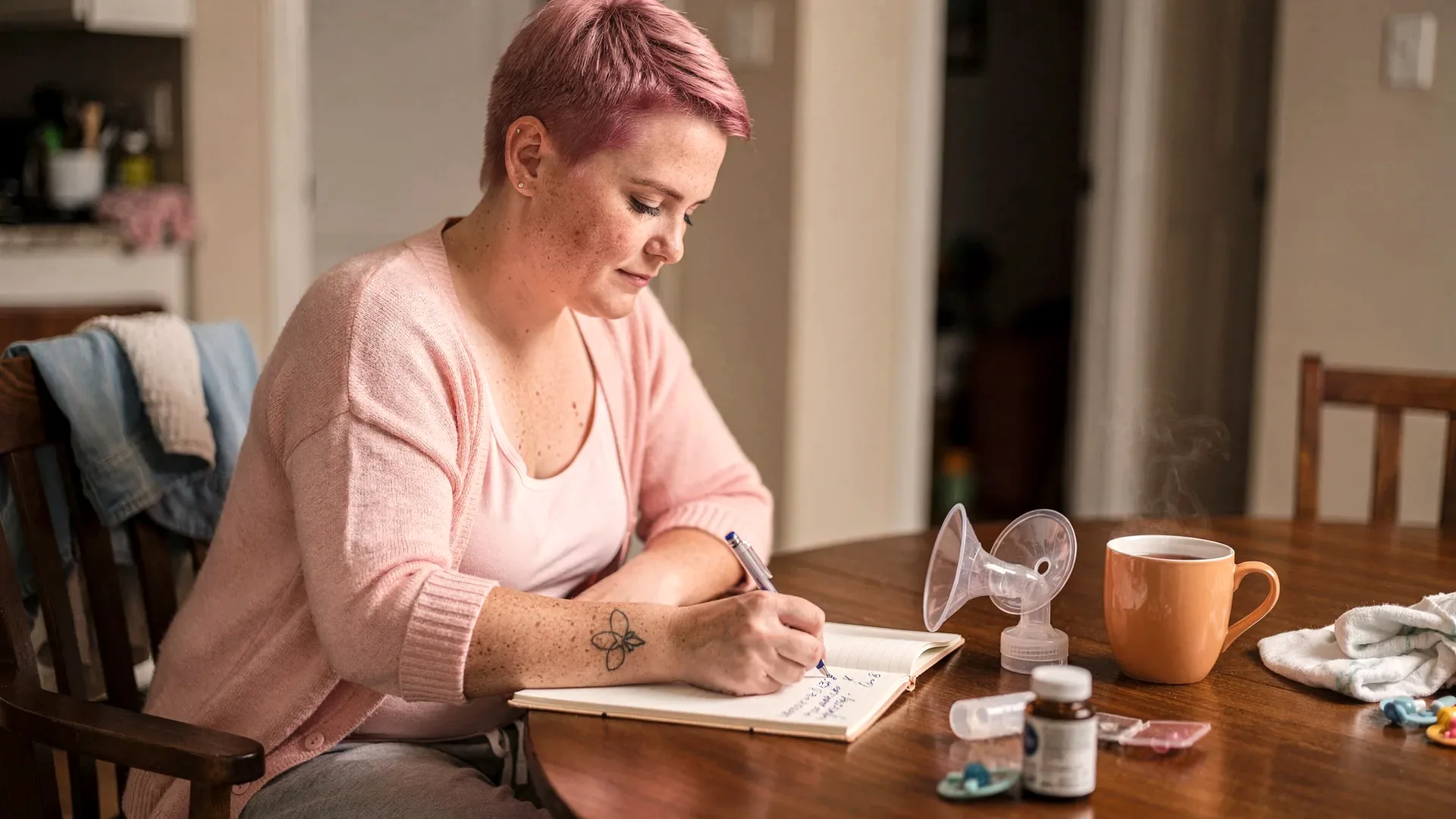 A white postpartum woman with dyed pink pixie and soft average body writes appointment questions at a dining table with pump parts and tea nearby.