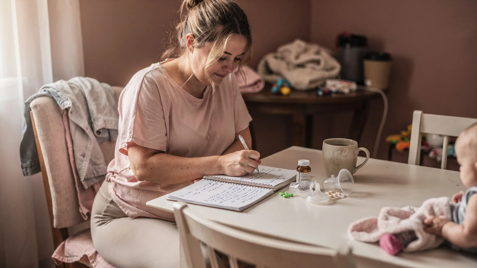 A woman writes appointment questions at a dining table with pump parts and tea nearby.