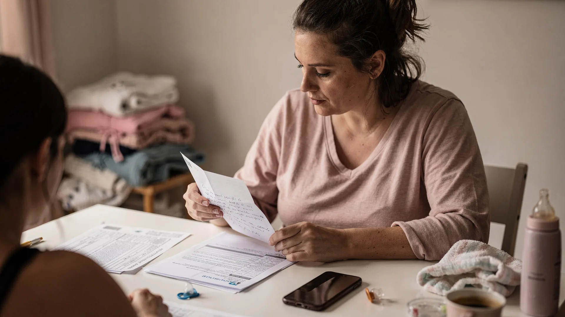 A woman sits at a table with her phone face down beside clinic paperwork and notes.
