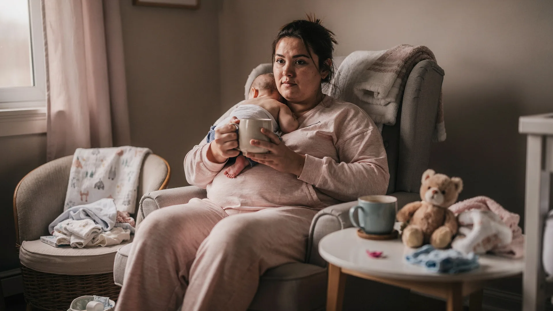 A woman sits in a nursery chair holding a mug while a baby rests turned away on her shoulder.