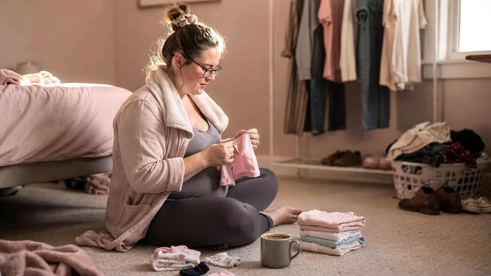 A white postpartum woman with messy bun and tall curvy body sits on the bedroom floor beside an open closet and piles of clothes.