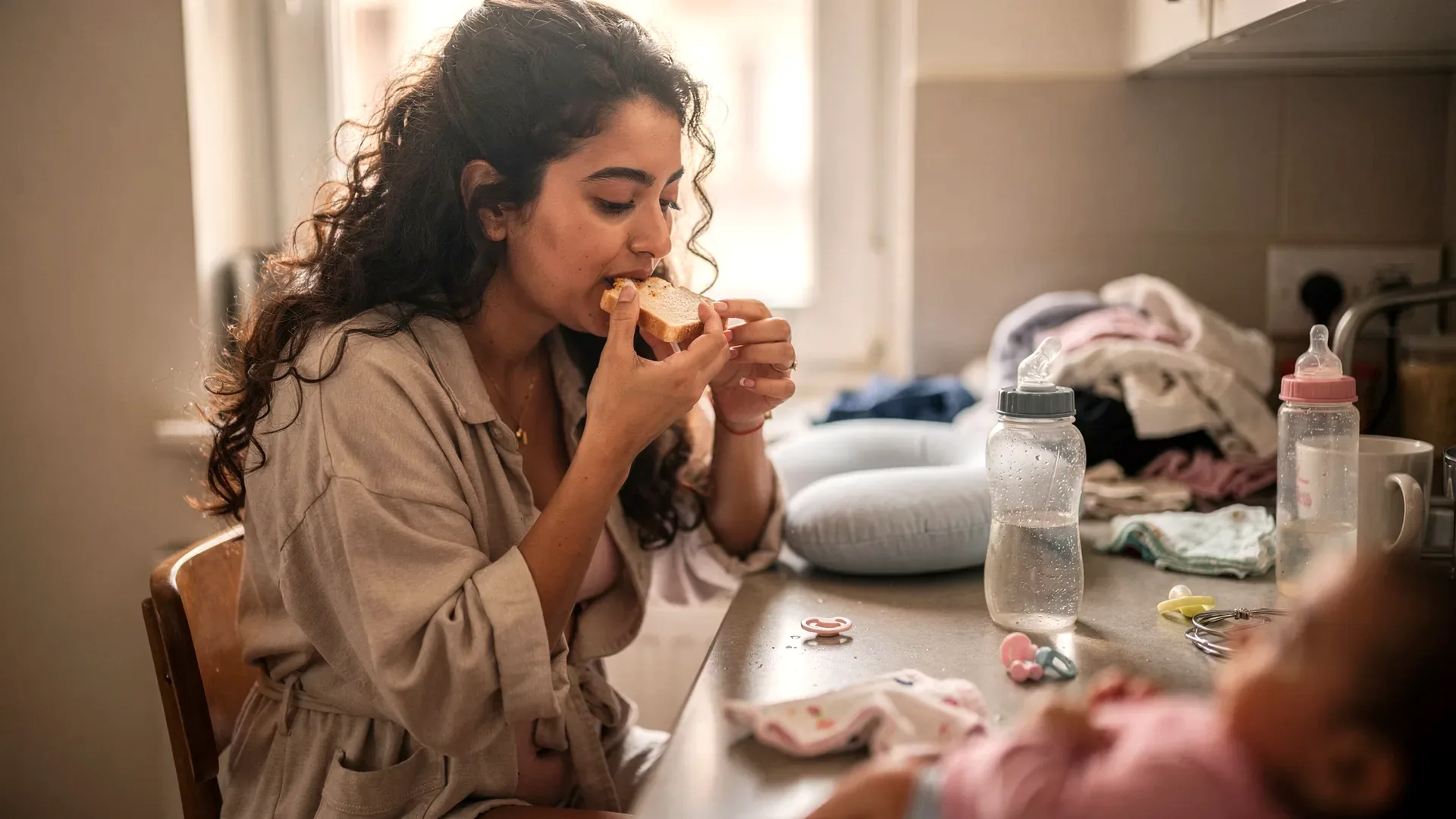 A Middle Eastern postpartum woman with long curly dark hair and petite body with soft belly eats toast at a kitchen counter with a nursing pillow and water bottle nearby.