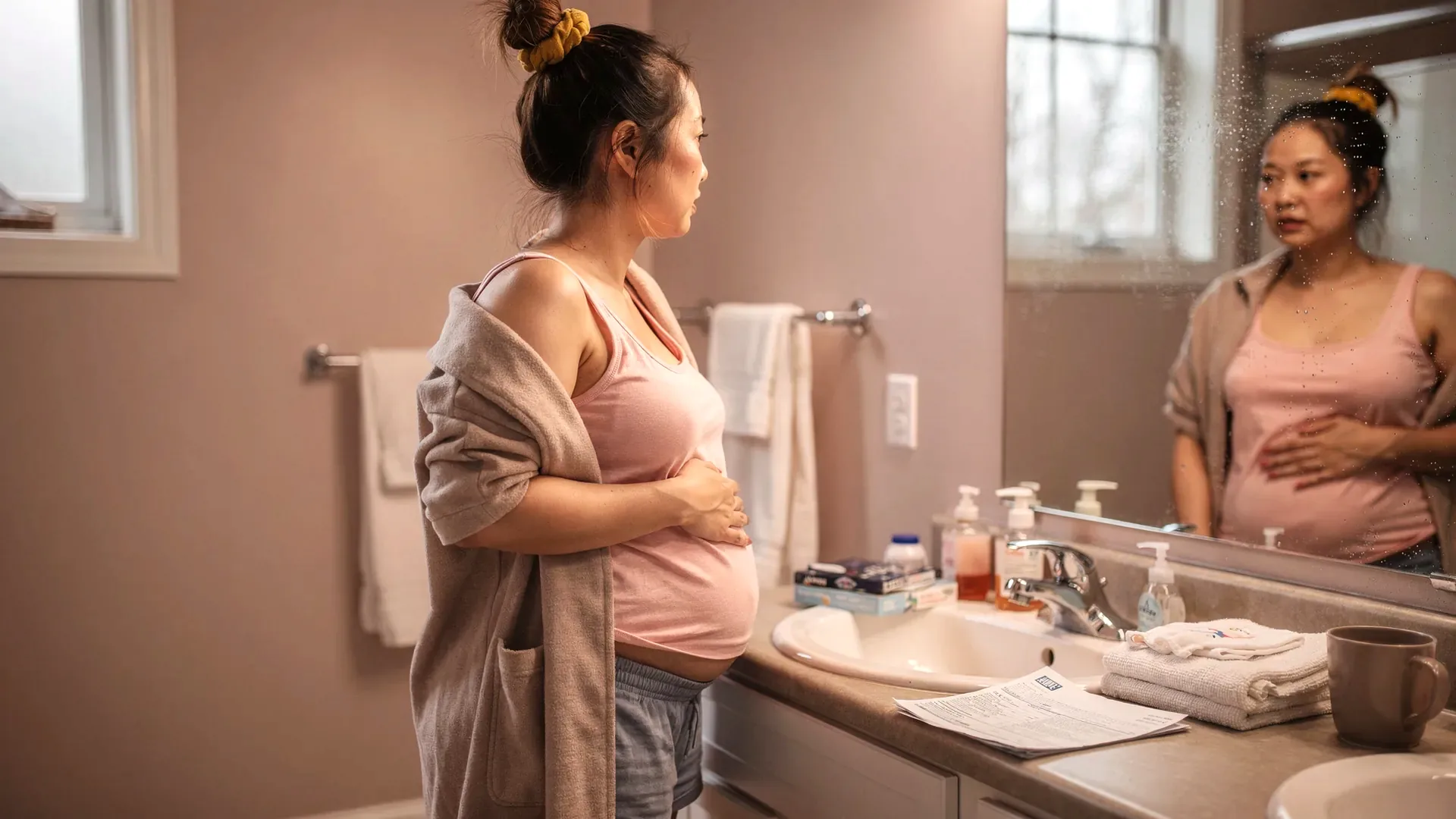 An East Asian postpartum woman with messy bun with scrunchie and soft postpartum belly rests one hand over her lower abdomen in a bathroom mirror, with hospital discharge papers on the sink nearby.