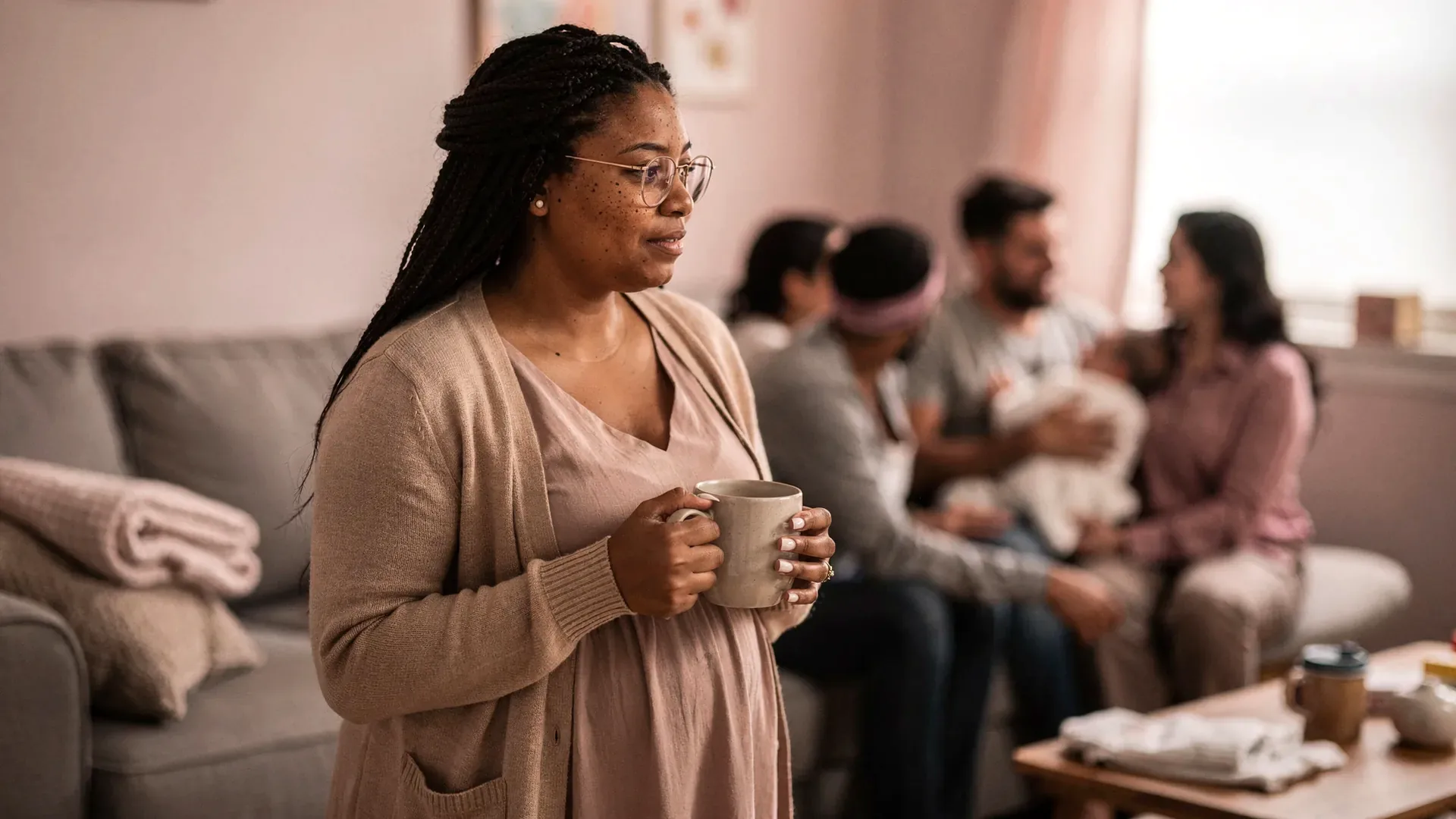 A mixed Black and white postpartum woman with long braids and tall broad soft body stands apart with a mug while visitors gather around a baby in the background.