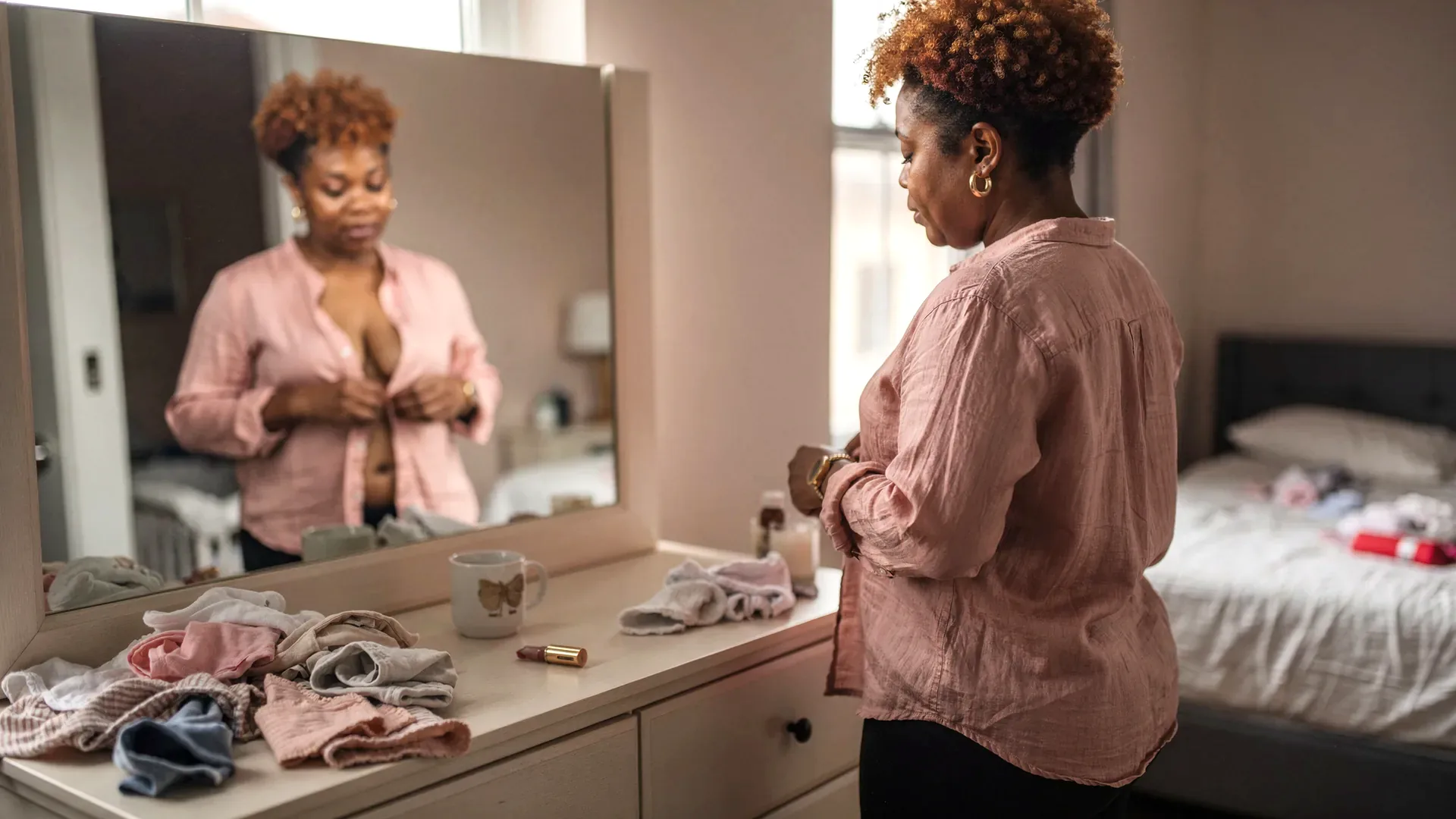 A mixed Black and Latina postpartum woman with short curly copper-dyed hair and tall athletic-soft body buttons a blouse in a bedroom mirror beside baby laundry and lipstick.