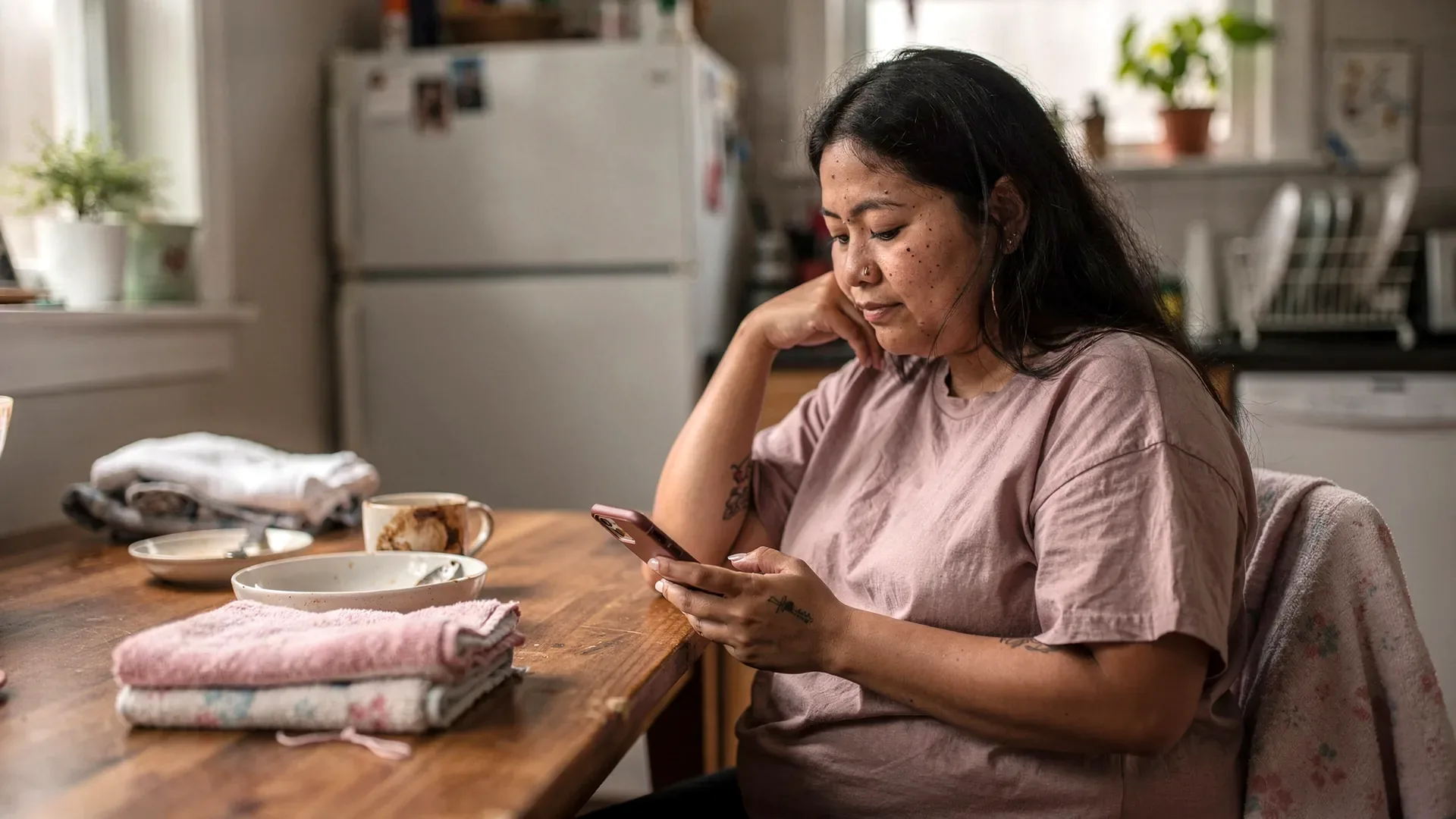 A mixed Latina and Asian postpartum woman with long black hair and petite soft body sends a text from a messy kitchen table with towels and dishes around her.