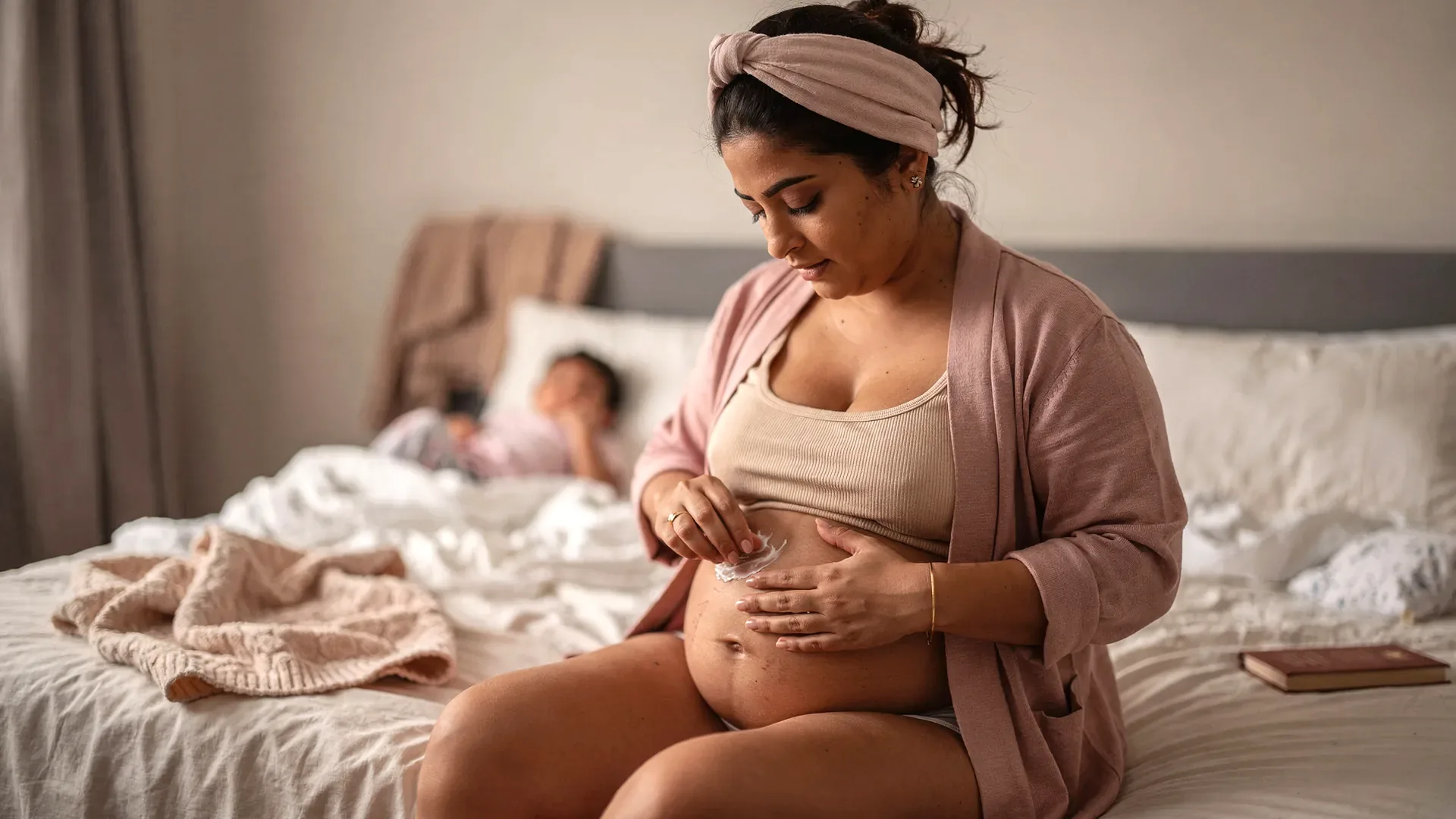 A Middle Eastern postpartum woman with cotton headwrap and curvy body with soft belly sits on an unmade bed and gently applies lotion to her postpartum belly.