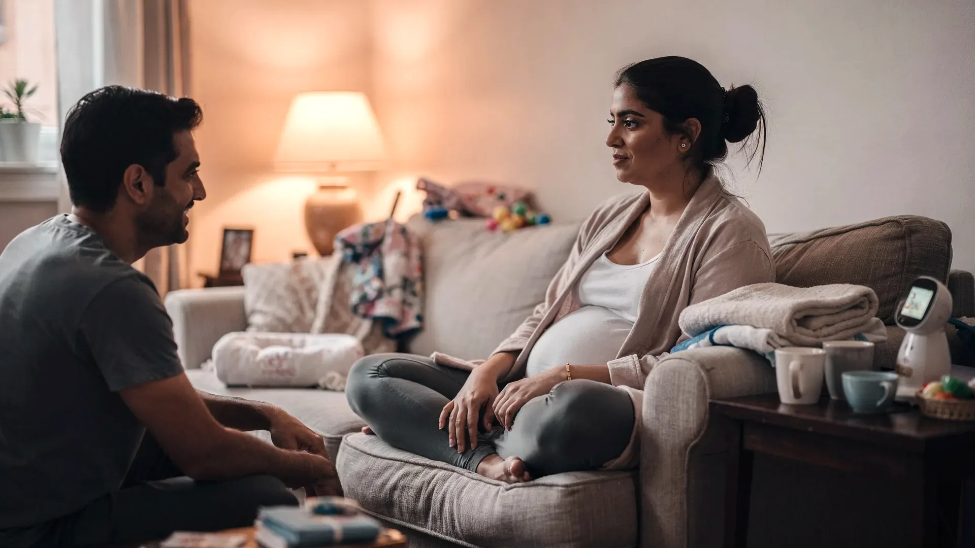 A Middle Eastern postpartum woman with long dark hair in a low bun and tall soft body and her partner sit on opposite ends of a couch in warm lamplight.