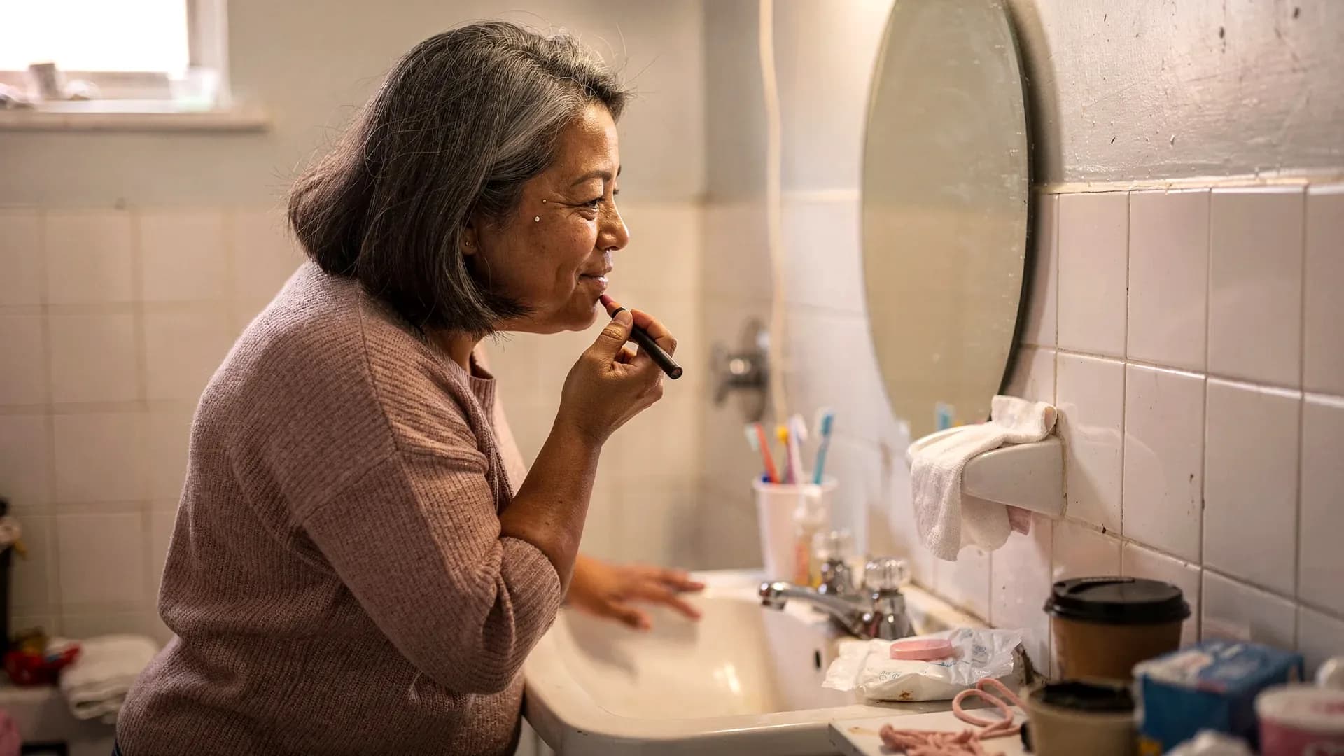 An Indigenous postpartum woman with gray-streaked bob and average body applies lipstick in a small bathroom with baby wipes on the sink.