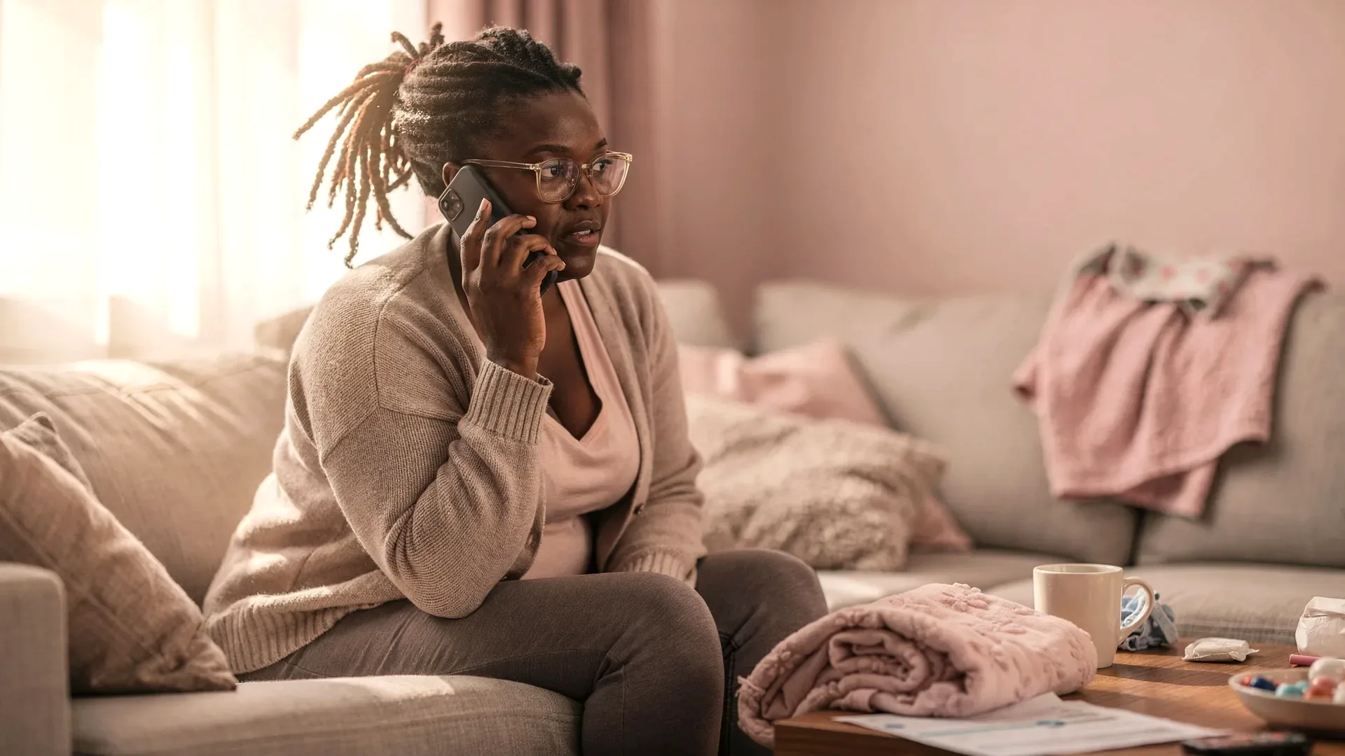 A Black postpartum woman with locs tied back and tall average body sits on a couch making a phone call with discharge papers beside her.